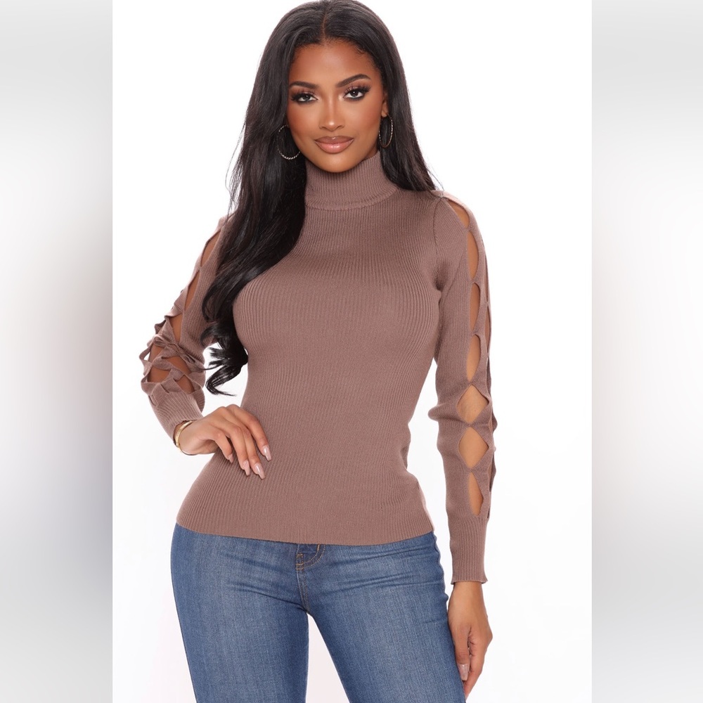 Fashion nova turtleneck sweaters sleeve cut out size large color tan